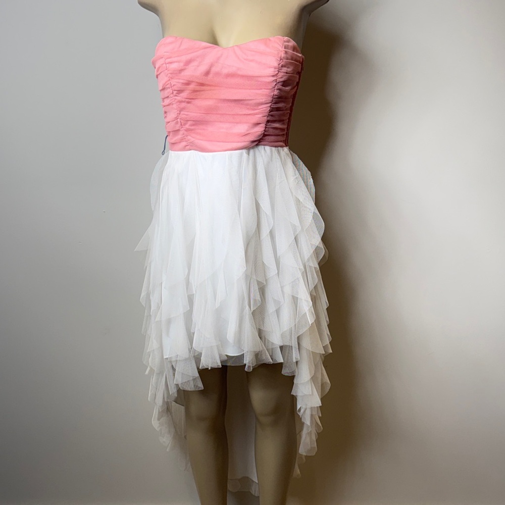 Teeze Me Pink and White Strapless High-Low Ruffle Dress